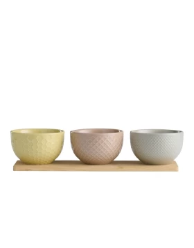 Σετ 3 μπολάκια stoneware σε ξύλινη βάση 29χ9 εκ. Day 100054