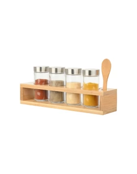 Σετ 4 γυάλινα βαζάκια μπαχαρικών σε βάση bamboo Estia 01-28763