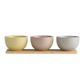 Σετ 3 μπολάκια stoneware σε ξύλινη βάση 29χ9 εκ. Day 100054