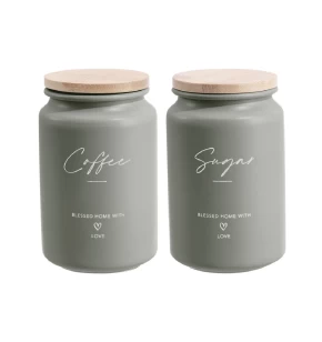 Σετ 2 Μεταλλικά Βάζα Λαδί με Μπαμπού Καπάκι Coffee Sugar Ankor - 850518