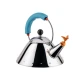 Βραστήρας Alessi 9093/1 LAZ από ανοξείδωτο ατσάλι με γαλάζια λαβή και πορτοκαλί σφυρίχτρα πουλάκι