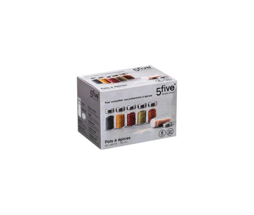 Σετ 6 γυάλινα βαζάκια μπαχαρικών 80-ml 5Five 15123, συσκευασία.