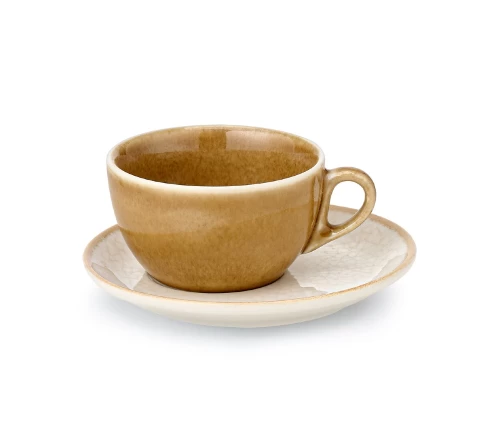 Φλυτζάνι cappuccino 230ml Cryspo Trio Dune σε γήινο χρώμα με ανάγλυφο πιατάκι.