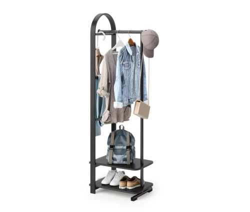 Umbra Bellwood 1022523-040 κρεμάστρα δαπέδου μαύρο/φυσικό ξύλο, άδειο σταντ με ράγα και δύο ράφια (πλευρική όψη).