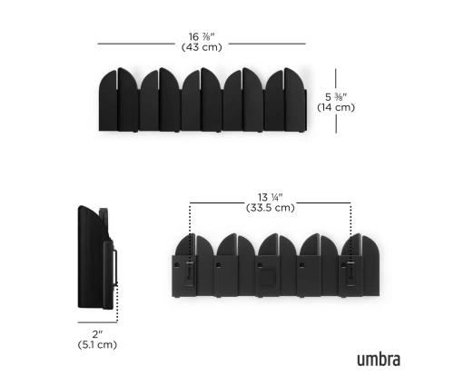 Διάγραμμα διαστάσεων Umbra Saloon 1022942-040 (Π43 x Υ14 x Β5,1 cm) κρεμάστρας τοίχου με 5 γάντζους.