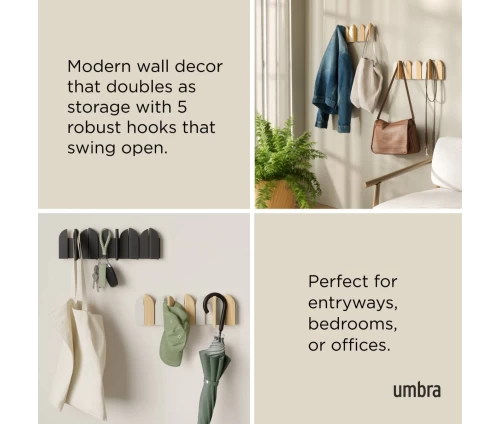 Κολάζ παρουσίασης Umbra Saloon wall hook με 5 αναδιπλούμενους γάντζους (Natural/Sand), για είσοδο/υπνοδωμάτιο.