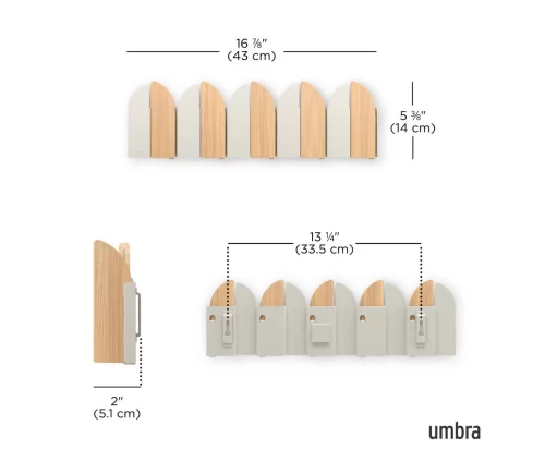 Διάγραμμα διαστάσεων Umbra Saloon 1022942-1337 (Π43 x Υ14 x Β5,1 cm) κρεμάστρας τοίχου με 5 γάντζους.