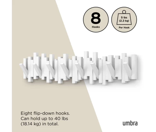 Infographic Umbra Sticks 1023536-660: 8 αναδιπλούμενοι γάντζοι, αντοχή 2,3kg ανά γάντζο (σύνολο 18,14kg).