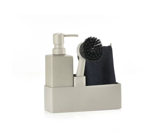 Zone Denmark Singles Σετ Οργάνωσης Νεροχύτη 4 Τεμαχίων σε χρώμα Mud με κεραμικό dispenser και βούρτσα πιάτων