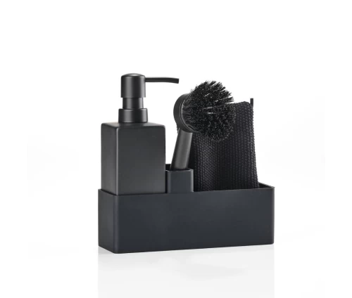 Zone Denmark Singles Μαύρο Σετ Οργάνωσης Νεροχύτη 4 Τεμαχίων με Κεραμικό Dispenser Σαπουνιού και Βάση Σιλικόνης