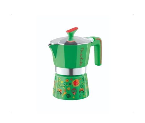 Πράσινο μπρίκι παρασκευής espresso 2 φλιτζανιών Pedrini MyMoka Frida Kahlo με πολύχρωμα μεξικάνικα μοτίβα και κόκκινες λεπτομέρειες.