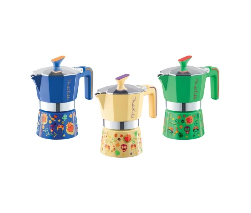 Συλλογή από μπρίκια espresso Pedrini MyMoka Frida Kahlo σε μπλε, κίτρινο και πράσινο χρώμα.