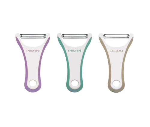 Τρεις εργονομικοί αποφλοιωτές λαχανικών (peelers) τύπου Y της σειράς Pedrini Maxi σε παστέλ αποχρώσεις: μωβ, βεραμάν/πράσινο και μπεζ.