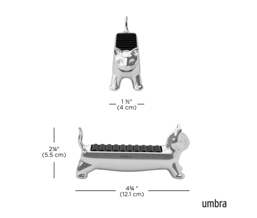 Ασημί μεταλλική βάση κοσμημάτων Umbra Ali Cat σε σχήμα γάτας με μαύρη βελούδινη επένδυση για δαχτυλίδια, διαστάσεις.