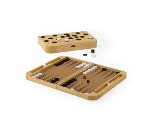 Ξύλινο επιτραπέζιο παιχνίδι 2 σε 1, τάβλι και ντάμα Umbra Blitz σε φυσικό χρώμα, διπλωμένο και ανοιχτό, με πούλια και ζάρια.