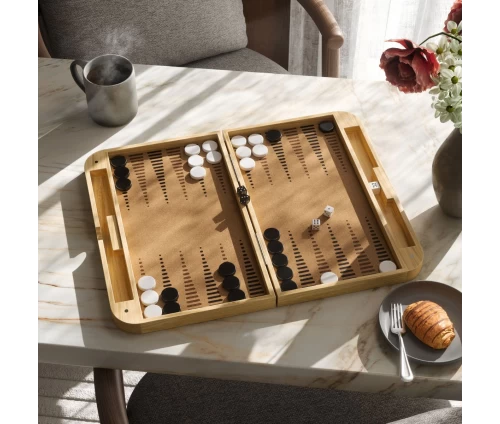 Ξύλινο επιτραπέζιο παιχνίδι 2 σε 1, τάβλι και ντάμα Umbra Blitz σε φυσικό χρώμα, ανοιχτό, με πούλια και ζάρια.