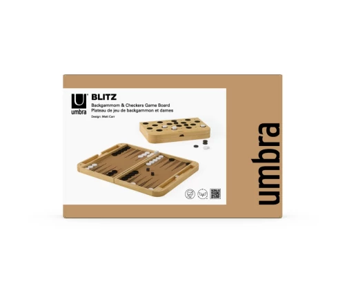 Ξύλινο επιτραπέζιο παιχνίδι 2 σε 1, τάβλι και ντάμα Umbra Blitz σε φυσικό χρώμα, συσκευασία.