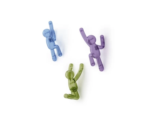 Σετ από τρεις κρεμάστρες τοίχου Umbra Buddy σε σχήμα ανθρώπινης φιγούρας που αναρριχάται, σε ημιδιάφανα χρώματα μπλε, πράσινο και μωβ.