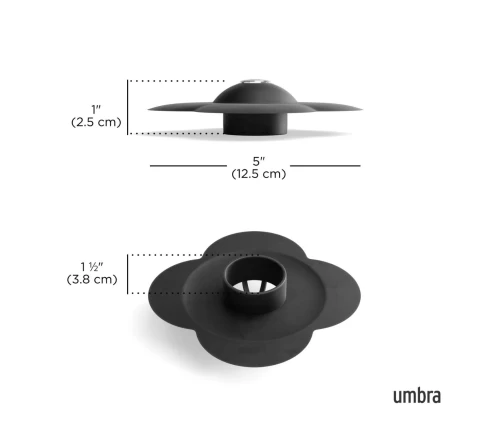 Μαύρη τάπα σιλικόνης Umbra Bloom σε σχήμα λουλουδιού, διαστάσεις.