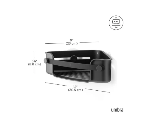 Γωνιακό καλάθι ντους Umbra Flex σε μαύρο με 2 γάντζους, διαστάσεις.