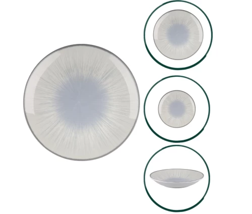 Ολοκληρωμένο σετ πιάτων πορσελάνης 20 τεμαχίων Oriana Ferelli Water Lilly Blue 24336. Σύνθεση με ρηχά, βαθιά, πιάτα φρούτου, σαλατιέρα και πιατέλα, με ακτινωτό γαλάζιο σχέδιο.