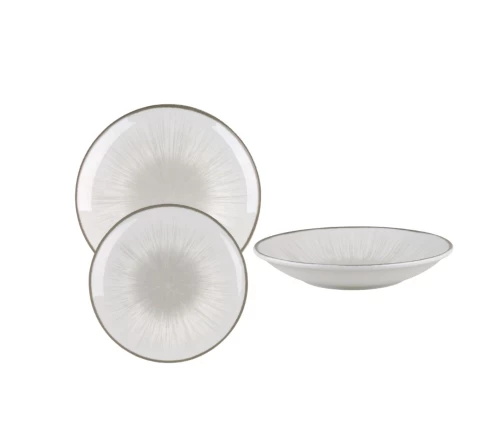 Ολοκληρωμένο σετ πιάτων πορσελάνης 20 τεμαχίων Oriana Ferelli Water Lilly Grey 24336-64. Σύνθεση με ρηχά, βαθιά, πιάτα φρούτου, σαλατιέρα και πιατέλα, με ακτινωτό γκρι σχέδιο.