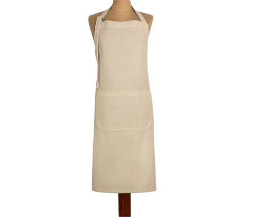 Μπεζ ολόσωμη βαμβακερή ποδιά κουζίνας Finesse CHEF (Richmond Canyon), φορεμένη σε κούκλα βιτρίνας, με μεγάλη μπροστινή τσέπη.