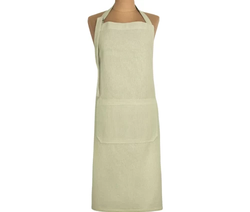 Απαλή πράσινη ολόσωμη βαμβακερή ποδιά κουζίνας Finesse CHEF (Richmond Celadon), φορεμένη σε κούκλα βιτρίνας, με μεγάλη μπροστινή τσέπη.