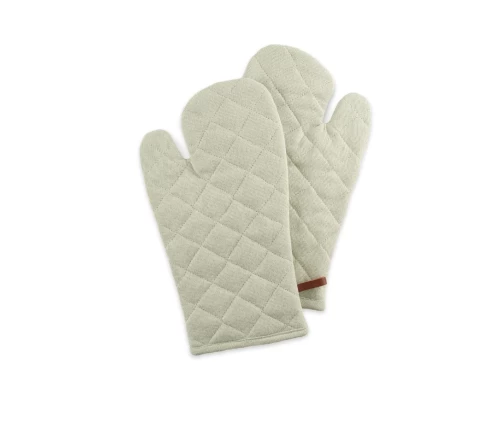 Δύο παστέλ πράσινα καπιτονέ βαμβακερά γάντια φούρνου Finesse CHEF (Richmond Celadon) με κομψό θηλιάκι κρεμάσματος.