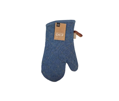 Βαμβακερό καπιτονέ γάντι φούρνου Finesse CHEF με μοντέρνα όψη τζιν (denim) και κομψό δερμάτινο θηλιάκι κρεμάσματος.