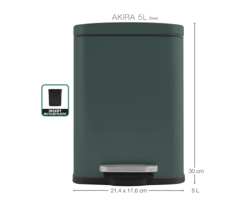 Μεταλλικός κάδος μπάνιου Spirella Akira 5L σε χρώμα Dark Green, διαστάσεις.