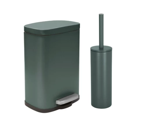 Ολοκληρωμένο σετ αξεσουάρ μπάνιου Spirella Akira Dark Green με μεταλλικό κάδο πεντάλ και ασορτί πιγκάλ σε minimal design.