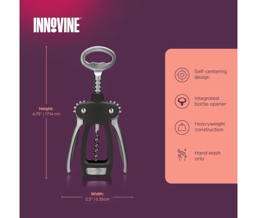 Innovine Pro επαγγελματικό τιρμπουσόν με φτερά και ενσωματωμένο ανοιχτήρι (κωδικός 12027), διαστάσεις και οδηγίες φροντίδας.