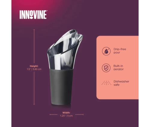 Innovine σετ δύο στομίων ροής κρασιού με προστασία από σταξίματα (κωδικός 12045), διαστάσεις και οδηγίες φροντίδας.