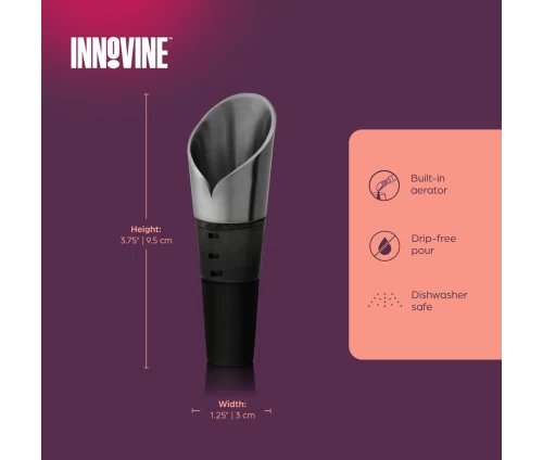 Innovine μεταλλικό στόμιο αερισμού και ροής κρασιού compact σχεδιασμού (κωδικός 12042), διαστάσεις και οδηγίες φροντίδας.