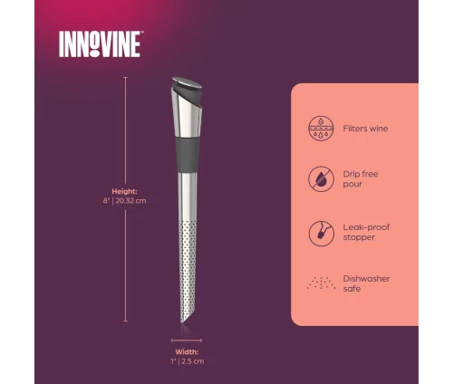 Innovine ανοξείδωτο φίλτρο κρασιού με ενσωματωμένο στόμιο ροής (κωδικός 12058), διαστάσεις και οδηγίες φροντίδας.