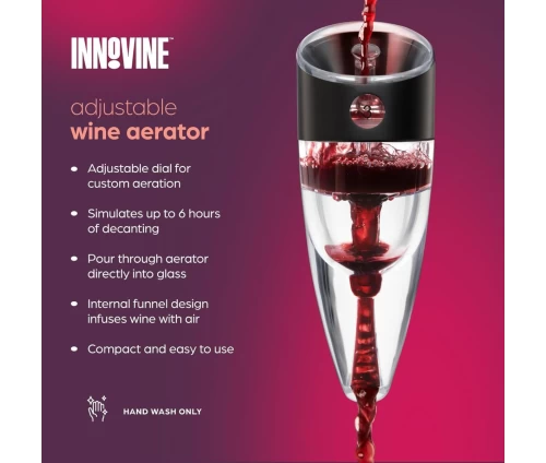 Innovine ρυθμιζόμενος αεριστής κρασιού με μαύρη βάση στήριξης και επιλογέα επιπέδων, προιόντικά χαρακτηριστικά.