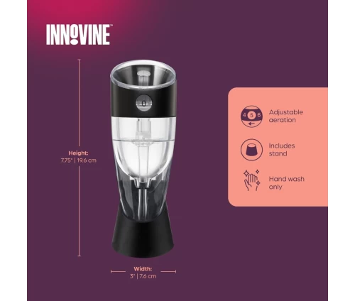 Innovine ρυθμιζόμενος αεριστής κρασιού με μαύρη βάση στήριξης και επιλογέα επιπέδων (κωδικός 12043), διαστάσεις και οδηγίες φροντίδας.