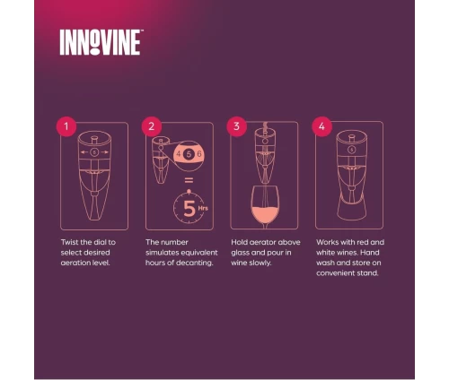 Innovine ρυθμιζόμενος αεριστής κρασιού με μαύρη βάση στήριξης και επιλογέα επιπέδων (κωδικός 12043), οδηγίες χρήσης.