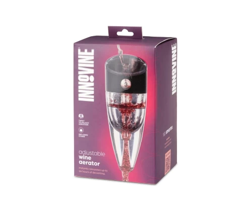 Innovine ρυθμιζόμενος αεριστής κρασιού με μαύρη βάση στήριξης και επιλογέα επιπέδων (κωδικός 12043), συσκευασία δώρου.