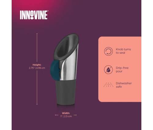 Innovine στόμιο ροής και πώμα κρασιού από ανοξείδωτο ατσάλι με μπλε διακόπτη (κωδικός 12004), διαστάσεις και οδηγίες φροντίδας.