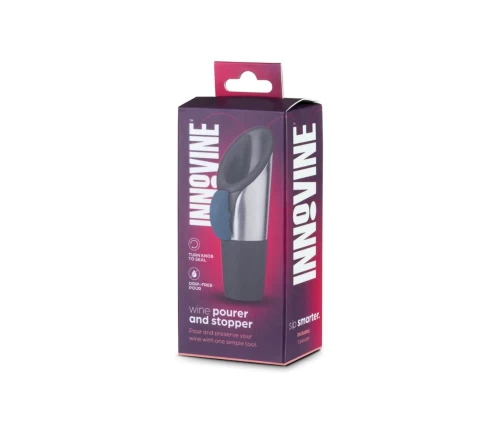 Innovine στόμιο ροής και πώμα κρασιού από ανοξείδωτο ατσάλι με μπλε διακόπτη (κωδικός 12004), συσκευασία.