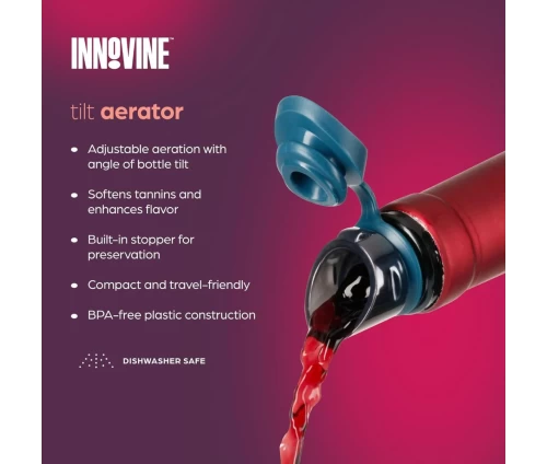 Innovine Tilt αεριστής κρασιού σε μπλε-teal χρώμα με διάφανο στόμιο (κωδικός 12007), χαρακτηριστικά και περιγραφή.