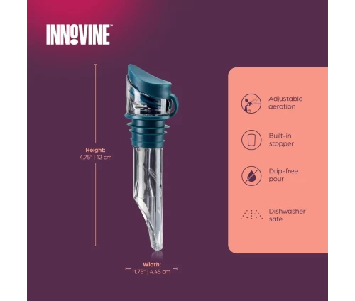 Innovine Tilt αεριστής κρασιού σε μπλε-teal χρώμα με διάφανο στόμιο (κωδικός 12007), διαστάσεις και οδηγίες φροντίδας.