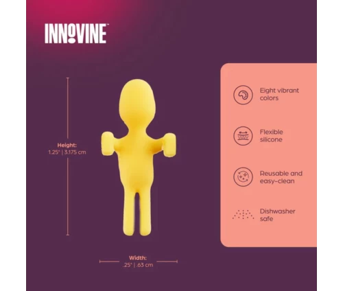 Innovine σετ 8 πολύχρωμα διακριτικά ποτηριού από σιλικόνη σε σχήμα ανθρωπάκια (κωδικός 12077), διαστάσεις και οδηγίες φροντίδας.