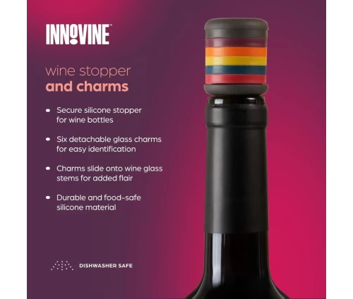 Innovine μαύρο πώμα κρασιού σιλικόνης με 6 ενσωματωμένα πολύχρωμα δαχτυλίδια-διακριτικά (κωδικός 12072), χαρακτηριστικά και προδιαγραφές.