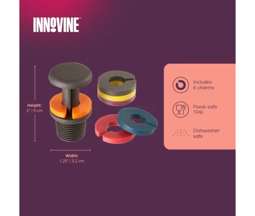 Innovine μαύρο πώμα κρασιού σιλικόνης με 6 ενσωματωμένα πολύχρωμα δαχτυλίδια-διακριτικά (κωδικός 12072), διαστάσεις και οδηγίες φροντίδας.