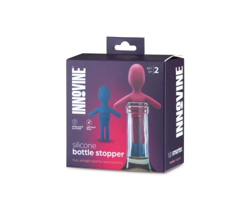 Innovine σετ δύο πωμάτων μπουκαλιού από σιλικόνη σε σχήμα ανθρωπάκια, ένα μπλε και ένα κόκκινο (κωδικός 12014), συσκευασία.