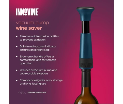 Innovine μπλε αντλία κενού αέρος για κρασί με δύο μαύρα πώματα σιλικόνης (κωδικός 12018), προδιαγραφές και χαρακτηριστικά.