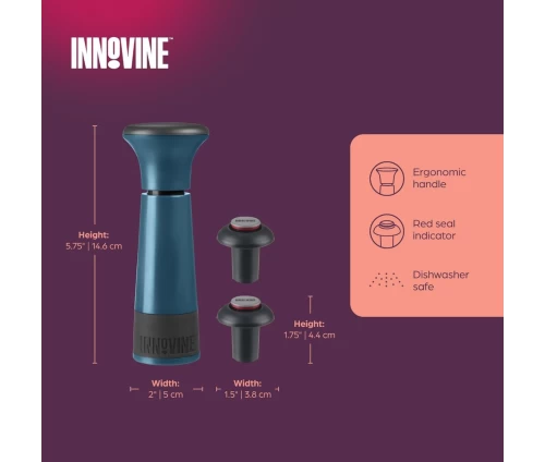 Innovine μπλε αντλία κενού αέρος για κρασί με δύο μαύρα πώματα σιλικόνης (κωδικός 12018), διαστάσειςκαι φροντίδα.